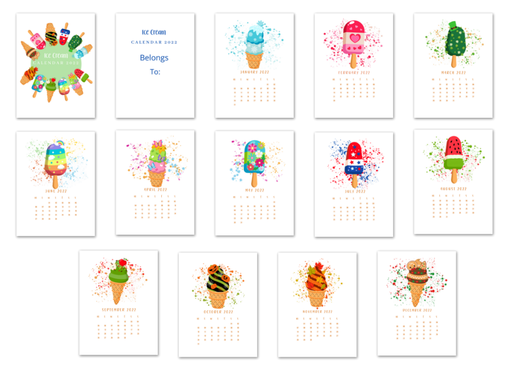 2022 printable ice cream calendar